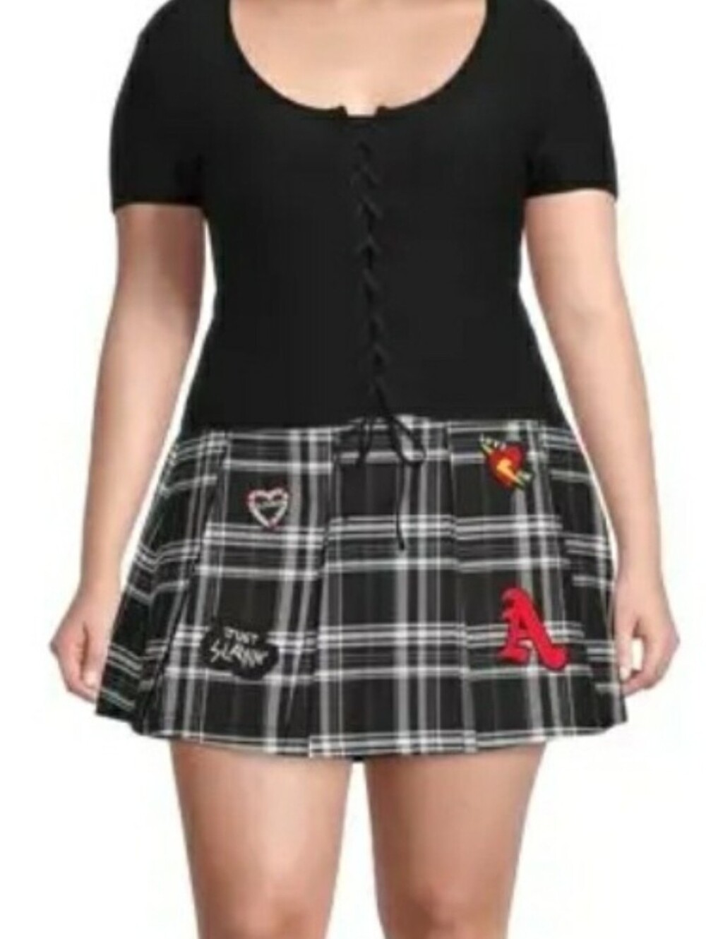 Plus Size XXL 19 Nobo Black Pleated Plaid Skirt Appliques Heart Love Letter A